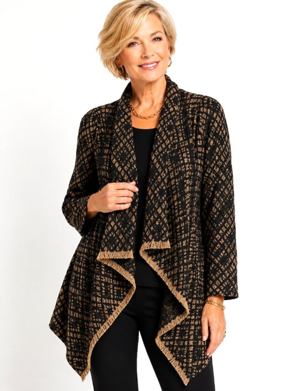 Ruff Hewn Grey Black Tan Diamond Print Fringed Flyaway Cardigan